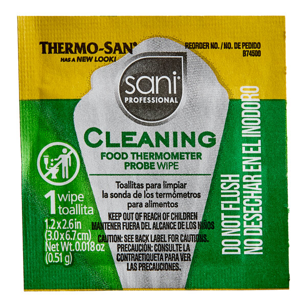 A packet of Sani Professional food thermometer probe cleaning wipes.