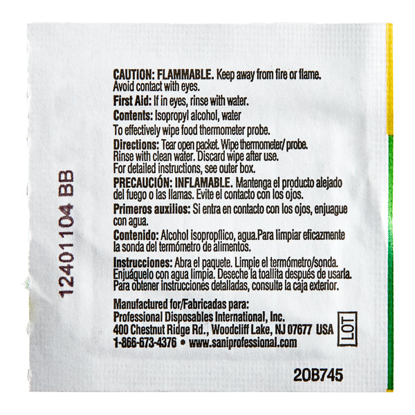 A packet of Sani Professional food thermometer probe wipes containing isopropyl alcohol and water.