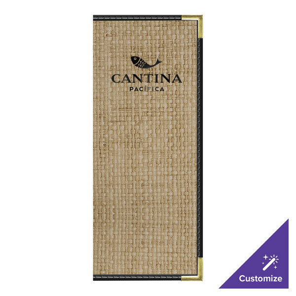 H. Risch, Inc. Rattan 4 1/4" x 11" Customizable Desert 6-View Menu Cover with Black Trim - 25/Case