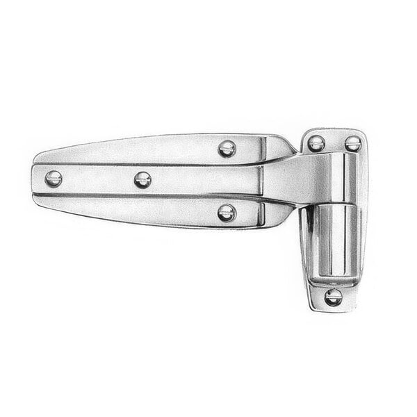 A polished chrome Kason Reversible Cam-Rise Door Hinge with screws.