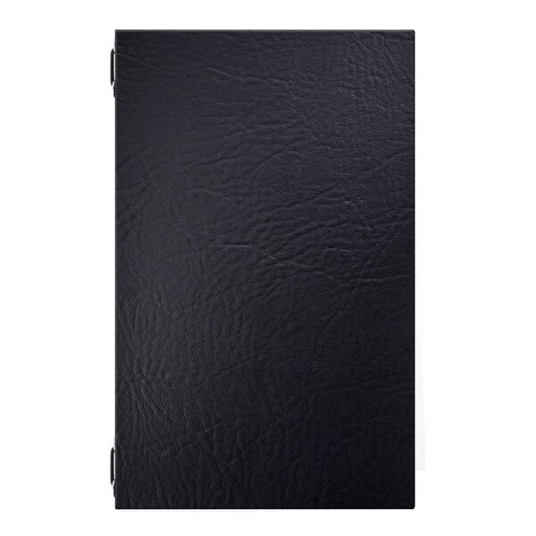 A black textured cover folder with four eyelets designed to hold 8.5 x 11 inch paper using 6-inch elastic barbs.