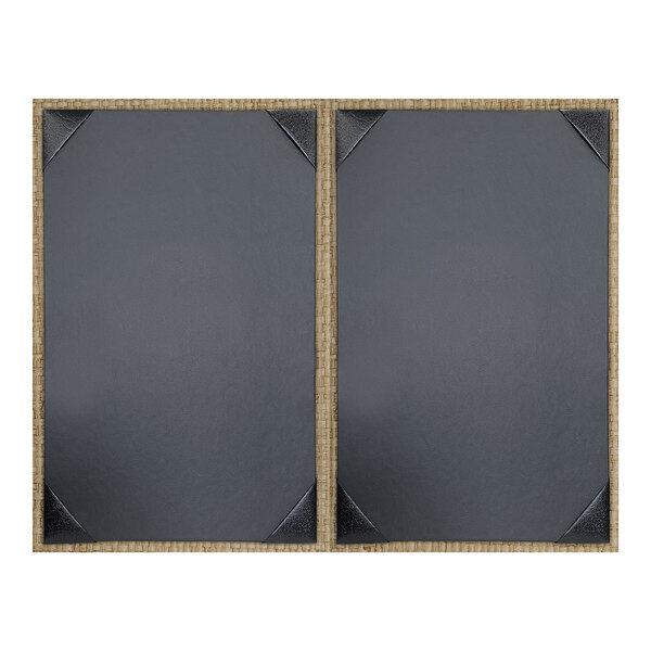 A two-view rattan menu cover with black corner protectors, designed to hold 5 1/2" x 8 1/2" inserts.