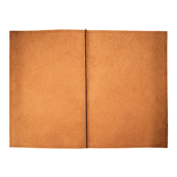 A brown genuine leather portfolio designed to hold 14 x 17 folded paper, shown open and empty.