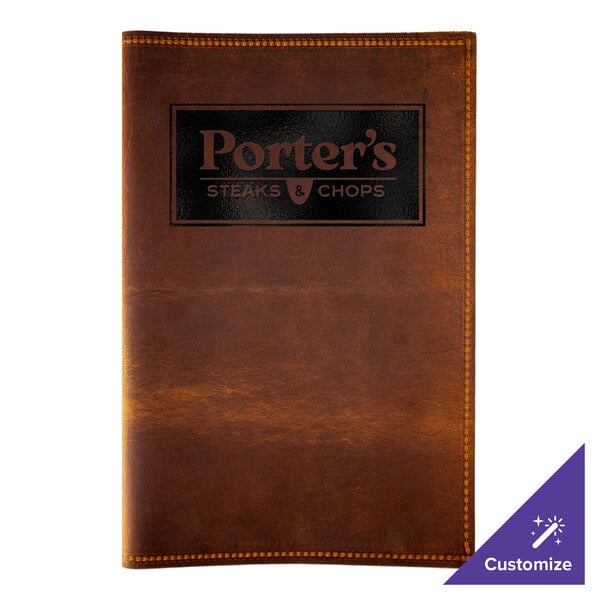 H. Risch, Inc. Genuine Leather 8 1/2" x 14" Customizable Brown Portfolio Menu Cover - 25/Case