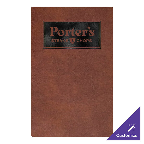 H. Risch, Inc. Augusta 5 1/2" x 8 1/2" Customizable Tuxedo Leather Brown Menu Cover with Screwposts - 25/Case