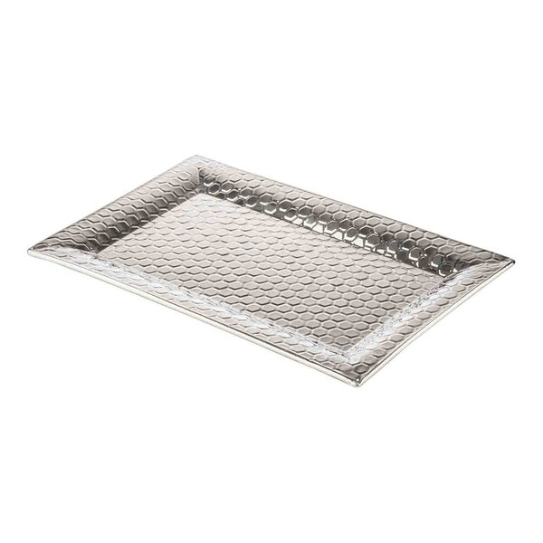 A rectangular stainless steel serving tray with a honeycomb pattern.