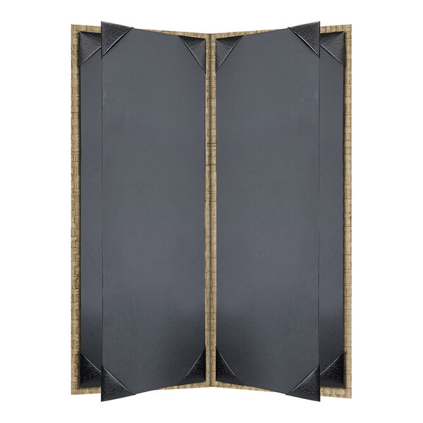 A four-view rattan menu cover with black panels and corner protectors.