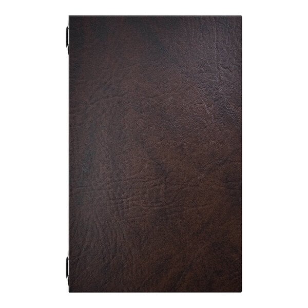 A dark brown textured menu cover with four eyelets along the spine.