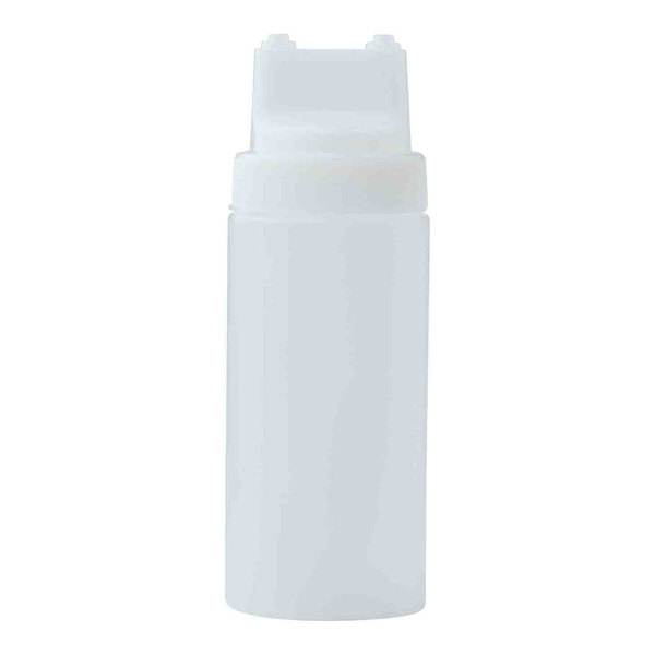 A translucent plastic squeeze bottle with a wide mouth and a dual-tip top.