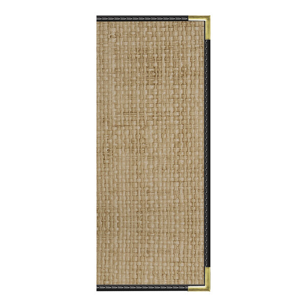 A rectangular rattan menu cover with black trim and gold corner accents.