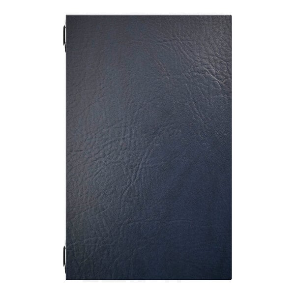A navy blue textured binder with four eyelets, designed to hold 8.5 x 11 inch paper with 6-inch elastic barbs.