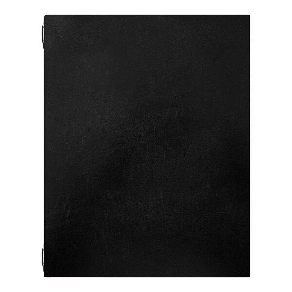 A black leather menu cover with eyelets designed for customization.