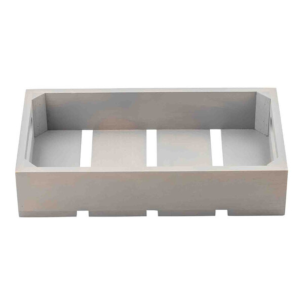 A gray wooden serving and display crate with slatted bottom and open sides.