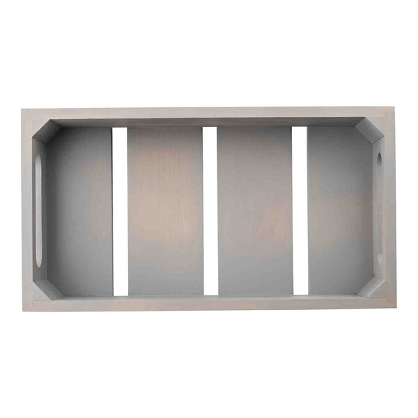 A rectangular gray wood serving and display crate with slatted bottom and cutout handles on the sides.