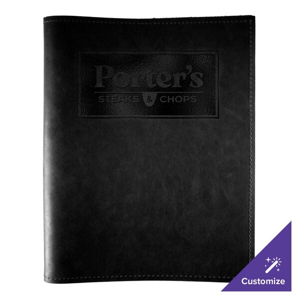 H. Risch, Inc. Genuine Leather 8 1/2" x 11" Customizable Black Portfolio Menu Cover - 25/Case