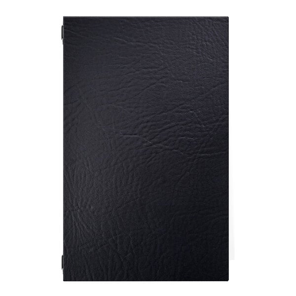 A black textured menu cover with four eyelets, designed to hold 14 x 17 inch paper with 12-inch elastic barbs.