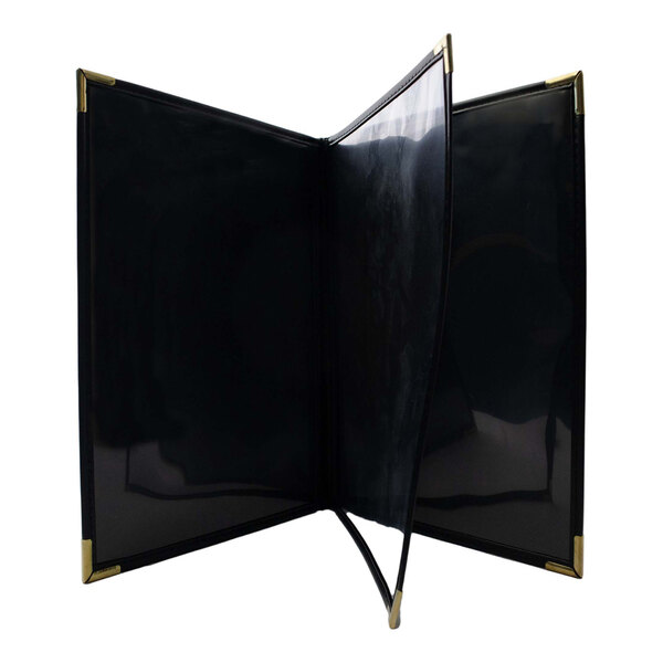 H. Risch, Inc. Rattan 8 1/2" x 14" Customizable Mocha 4-View Menu Cover with Black Trim - 25/Case