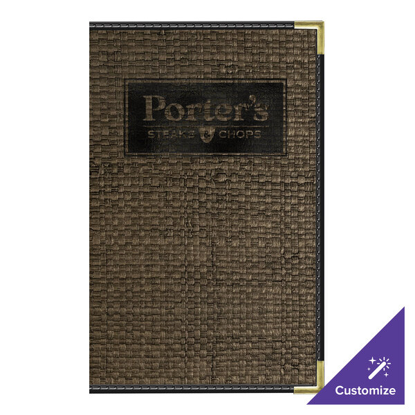 H. Risch, Inc. Rattan 8 1/2" x 14" Customizable Mocha 4-View Menu Cover with Black Trim - 25/Case