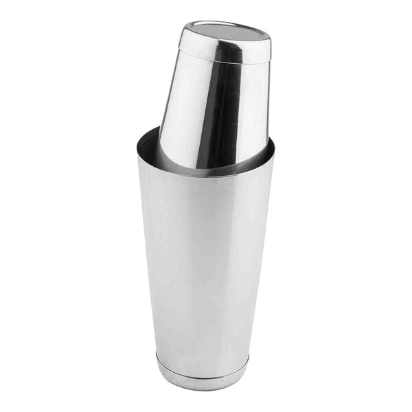 A stainless steel two-piece Boston shaker set.