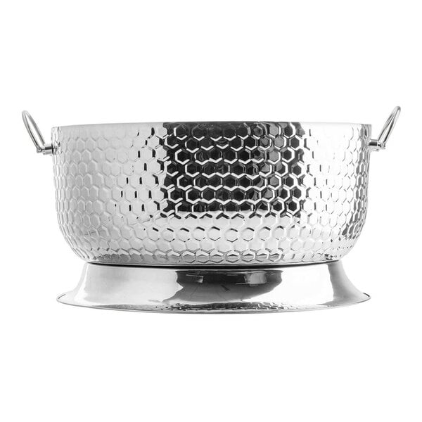 A round stainless steel beverage tub with a honeycomb pattern, two side handles, and a raised base.