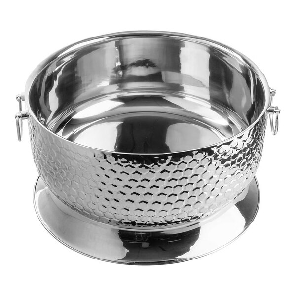 A round stainless steel beverage tub with a honeycomb pattern and a base.