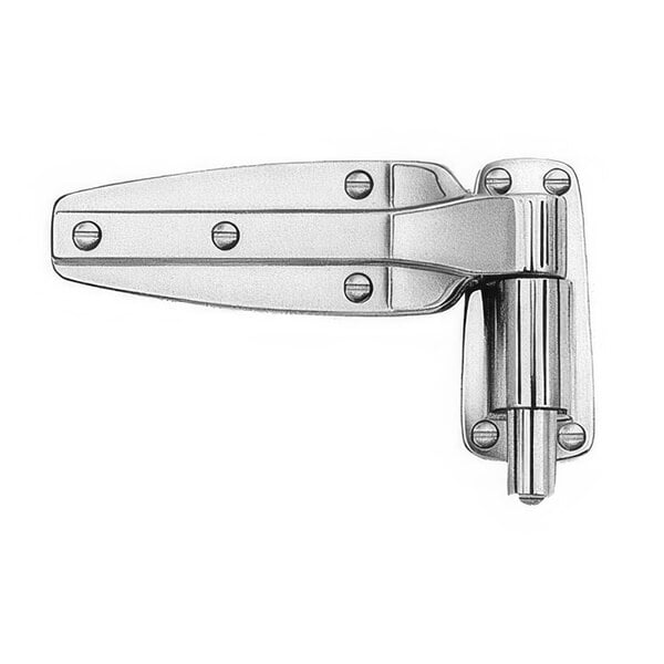 A stainless steel Kason reversible cam lift hinge with screws.