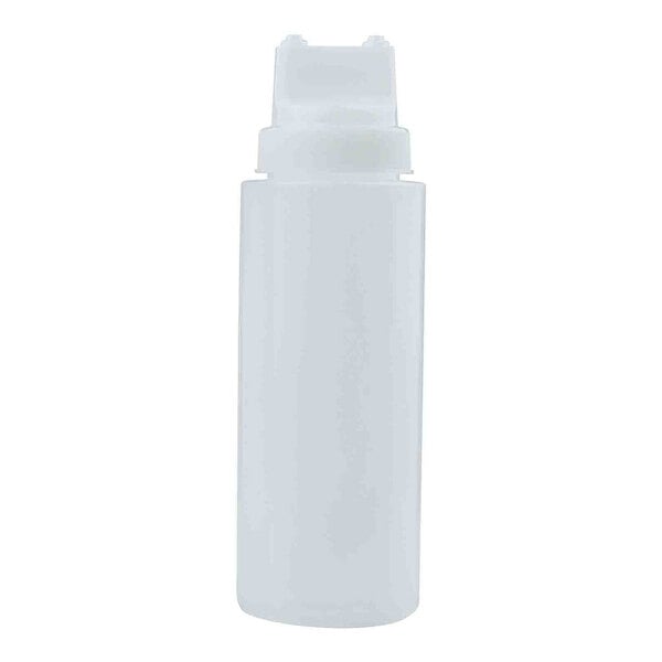 A translucent plastic squeeze bottle with a wide mouth and dual-tip top.