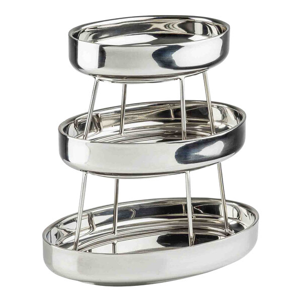 A three-tiered oval stainless steel seafood tower with double-walled trays.