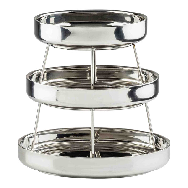 A three-tiered, oval-shaped, double-walled stainless steel seafood tower.