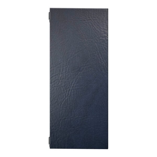 A navy blue customizable menu cover with a textured surface and eyelets along the edge.