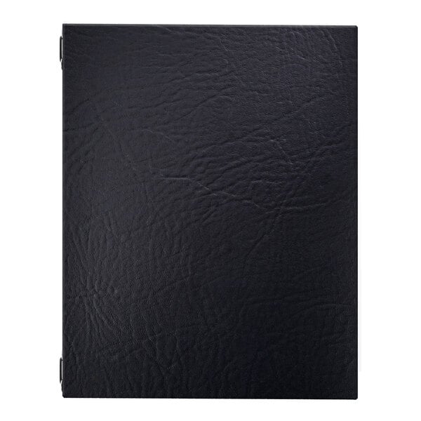 A black textured binder or folder with four eyelets, designed to hold 11 x 17 inch paper with 9-inch elastic barbs.