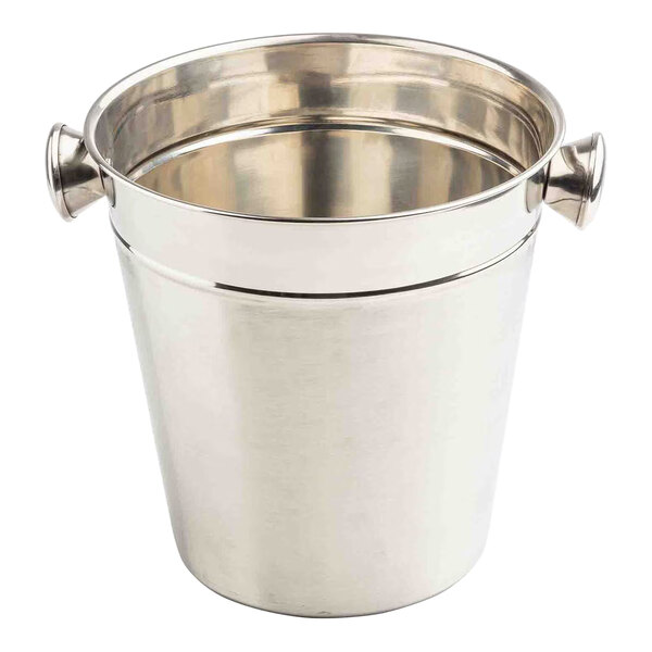 A stainless steel wine bucket with knob handles.