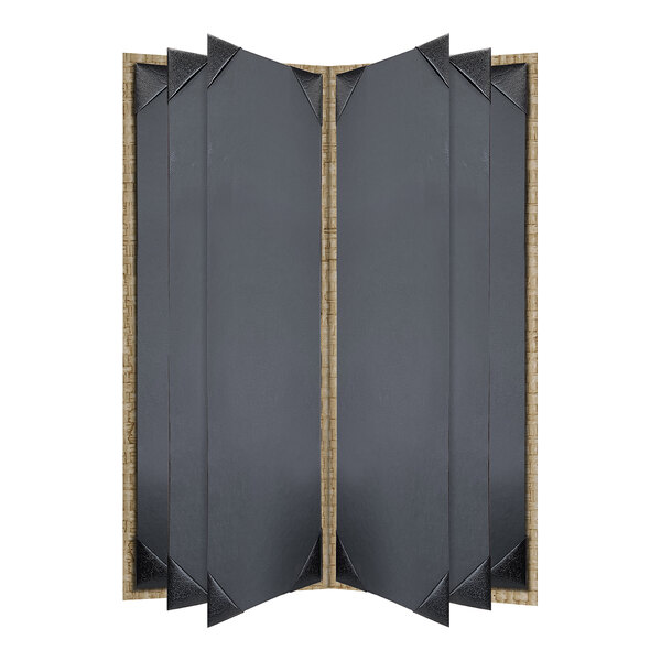 A customizable rattan 6-view menu cover with black panels, measuring 4 1/4 by 11 inches.