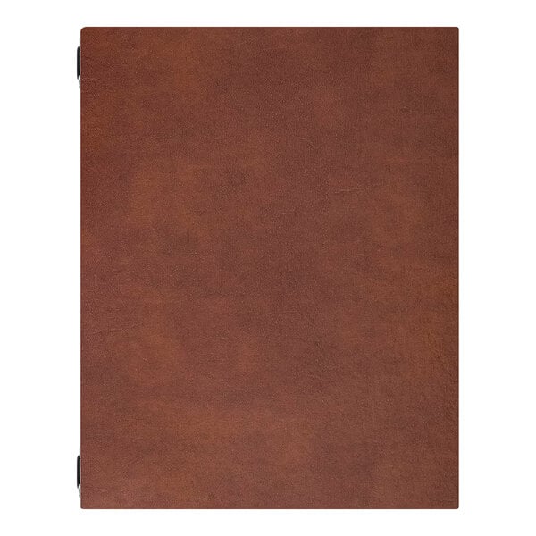 A brown leather binder with four eyelets designed to hold 11 x 17 inch paper using 9-inch elastic barbs.