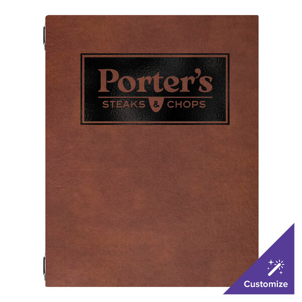 H. Risch, Inc. Augusta 8 1/2" x 11" Customizable Tuxedo Leather Brown Menu Cover with Eyelets - 25/Case