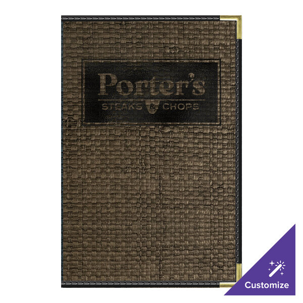 H. Risch, Inc. Rattan 5 1/2" x 8 1/2" Customizable Mocha 2-View Menu Cover with Black Trim - 25/Case