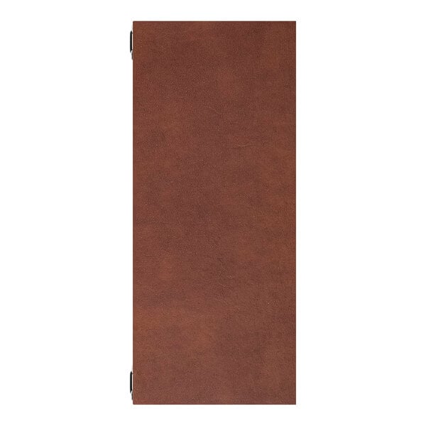 A rectangular brown leather clipboard with four eyelets designed to hold 8.5 x 11 inch paper using 9-inch elastic barbs.