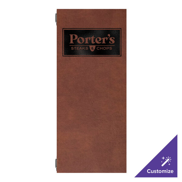 H. Risch, Inc. Augusta 4 1/4" x 11" Customizable Tuxedo Leather Brown Menu Cover with Eyelets - 25/Case
