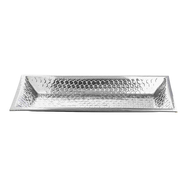 A rectangular stainless steel serving bowl with a honeycomb pattern.