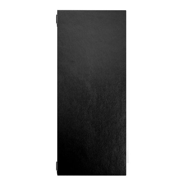A black rectangular menu cover with four eyelets, designed to hold 8.5 x 11 inch paper with 9-inch elastic barbs.
