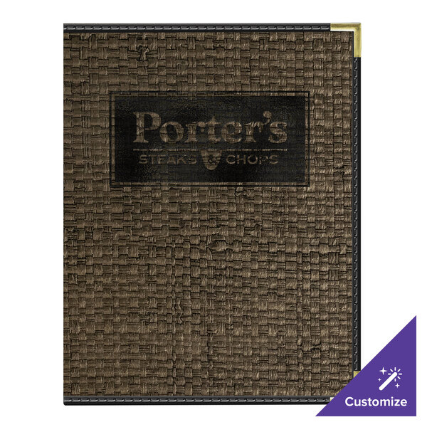 H. Risch, Inc. Rattan 8 1/2" x 11" Customizable Mocha 2-View Menu Cover with Black Trim - 25/Case