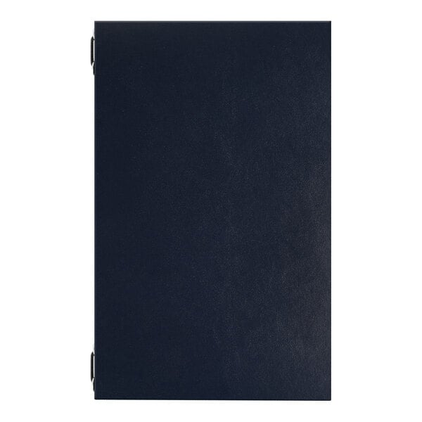 A dark blue binder with four eyelets designed to hold 8.5 x 11 inch paper using 6-inch elastic barbs.