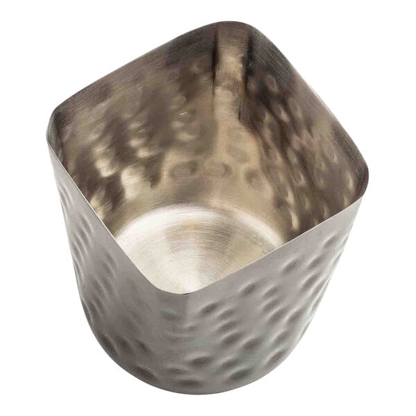 A square matte black hammered stainless steel fry cup with a 12 oz. capacity.
