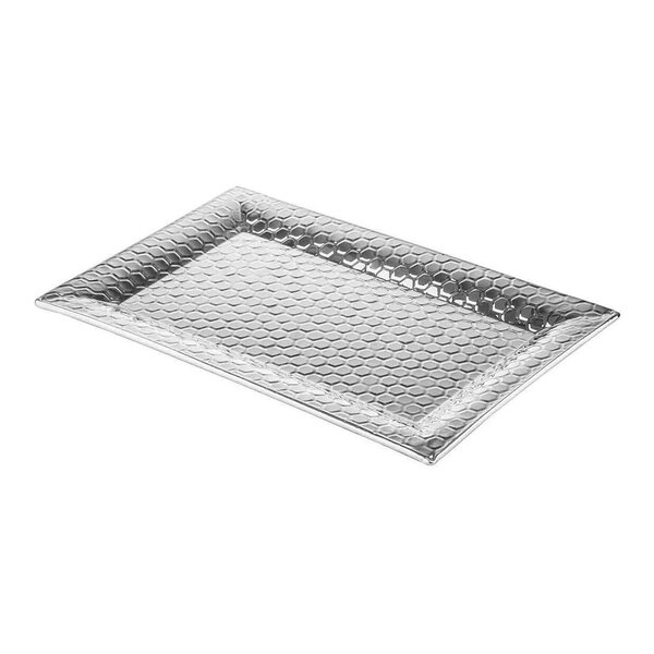 A rectangular stainless steel serving tray with a honeycomb pattern.