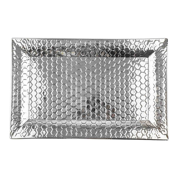 A rectangular stainless steel serving tray with a honeycomb pattern.