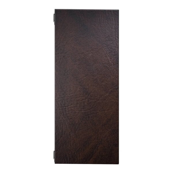 A rectangular brown menu cover with a textured finish and four eyelets along the edge.
