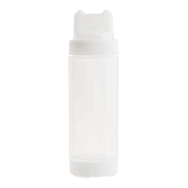 A clear plastic squeeze bottle with a wide mouth and dual tip top.