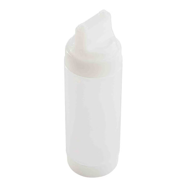 A clear plastic squeeze bottle with a dual-tip top and wide mouth opening.