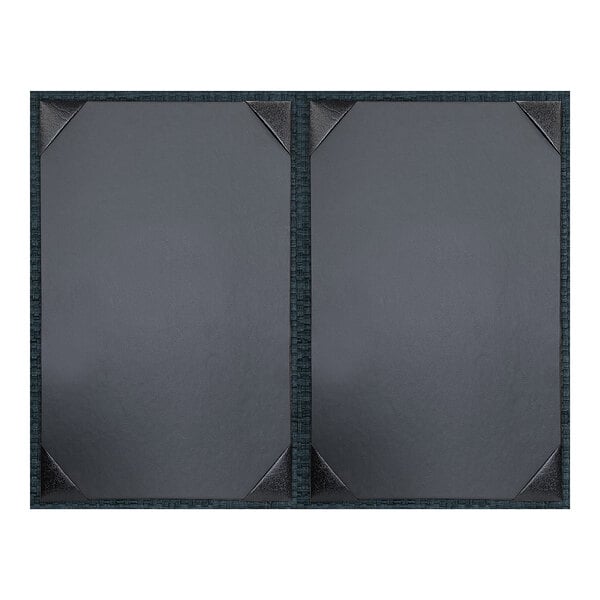 A double panel, unpadded rattan Oxford menu cover with two display views, sized 5.5 x 8.5 inches.