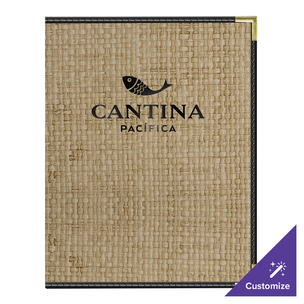 H. Risch, Inc. Rattan 8 1/2" x 11" Customizable Desert 4-View Menu Cover with Black Trim - 25/Case
